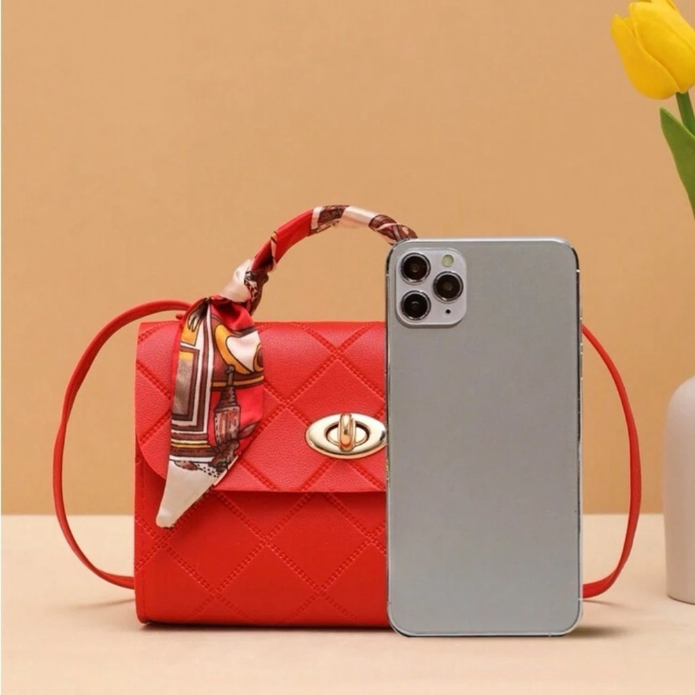 ⚠️Clearance Red Silk Scarf Handle Crossbody Bag - Picture 5 of 6